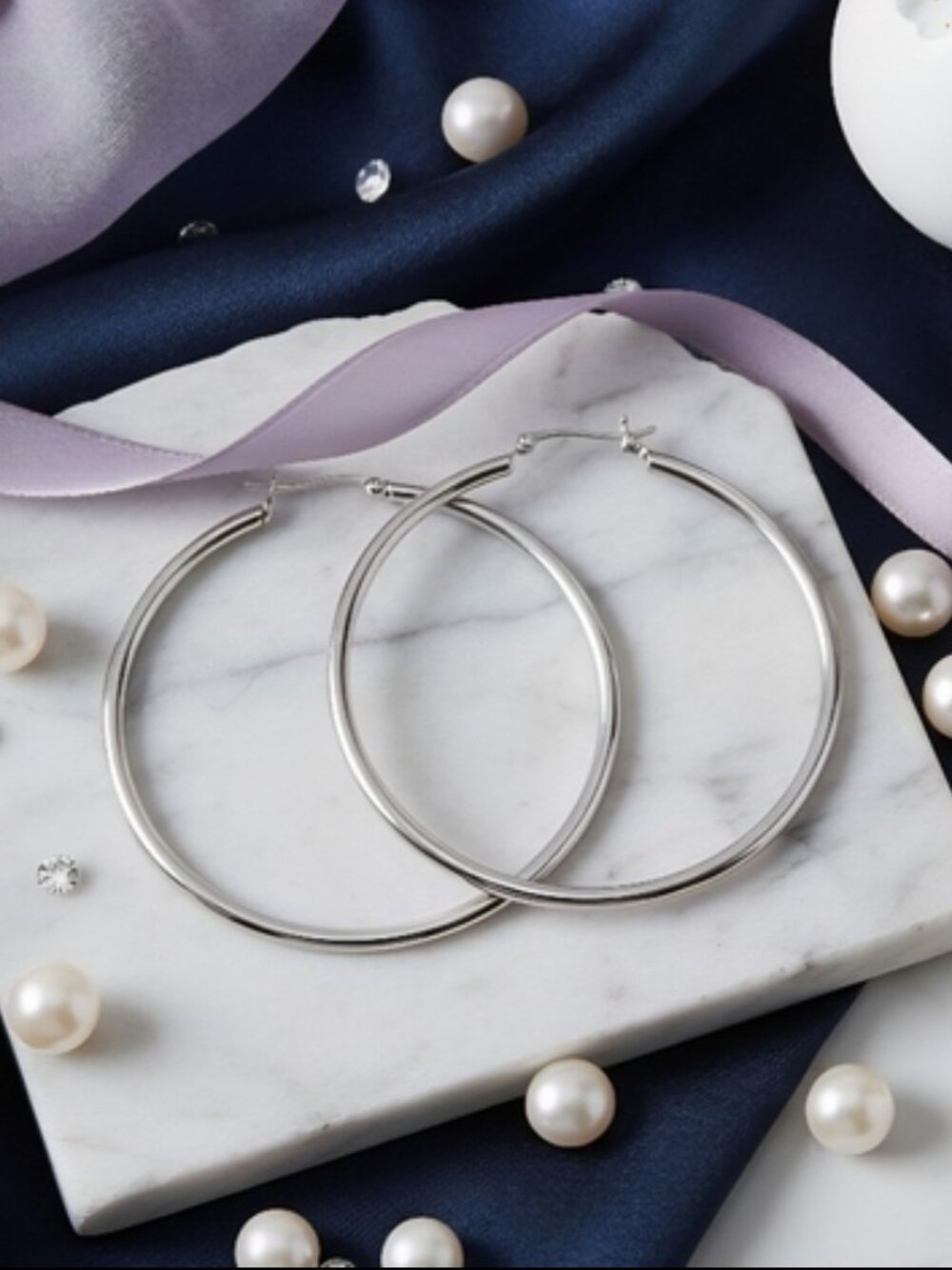 Silver Round Hoop Earrings Large 2" White Gold Plated Stainless Steel Minimalist - Picture 13 of 15